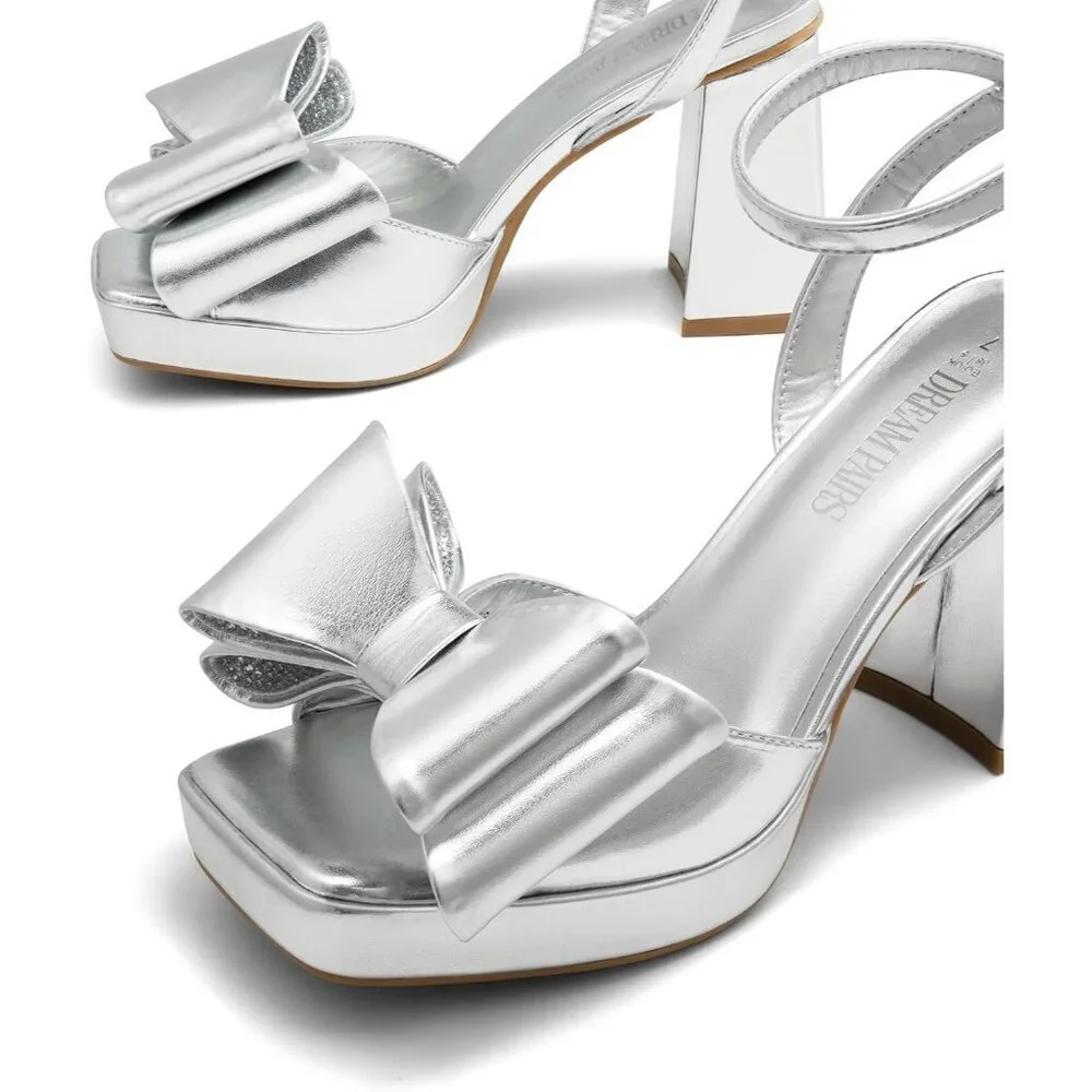 Dream Pairs Women Silver Chunky Heels Fashion High Block Square Toe Dress Sandal